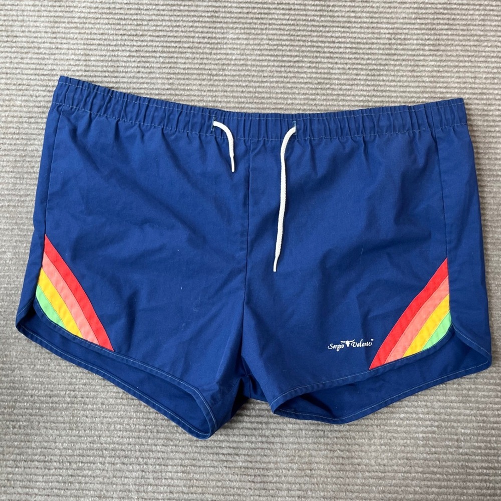 Sergio Valente Vintage 80s Blue Rainbow Stripe Swim Trunks Mens Size Large USA